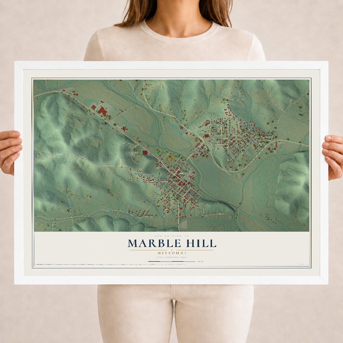 Map of Marble Hill, Missouri, 18 x 24 inch print in a white wood frame