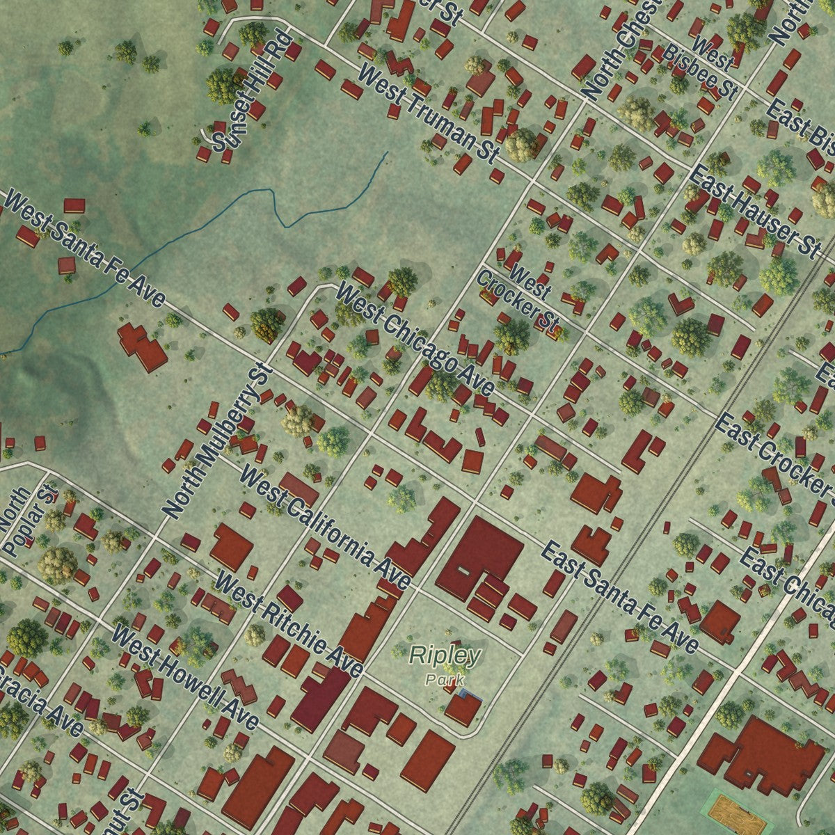 Close-up of the map of Marceline, Missouri print showing street and building detail