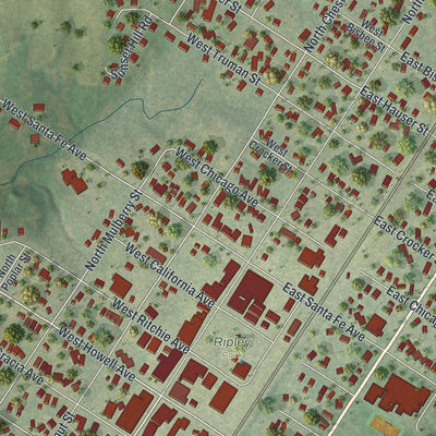 Close-up of the map of Marceline, Missouri print showing street and building detail