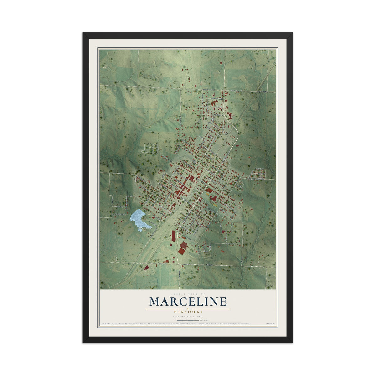 Map of Marceline, Missouri, 12 x 18 inch print in a black wood frame