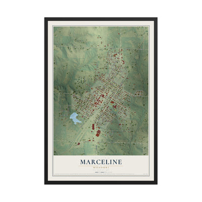 Map of Marceline, Missouri, 12 x 18 inch print in a black wood frame