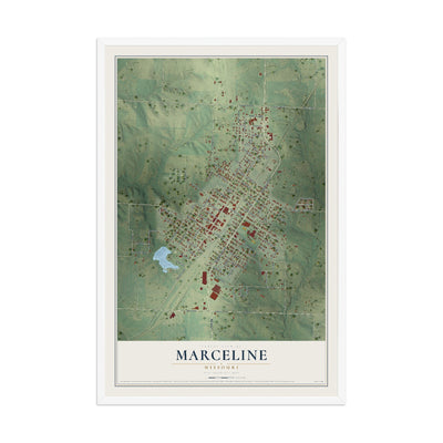 Map of Marceline, Missouri, 12 x 18 inch print in a white wood frame
