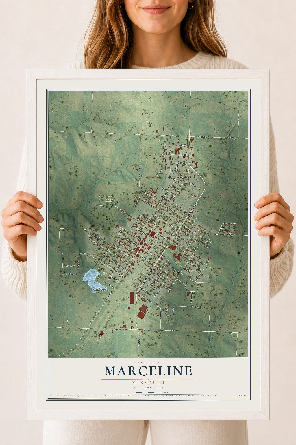 Map of Marceline, Missouri, 18 x 24 inch print in a white wood frame
