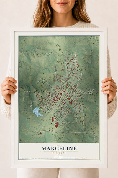 Map of Marceline, Missouri, 18 x 24 inch print in a white wood frame