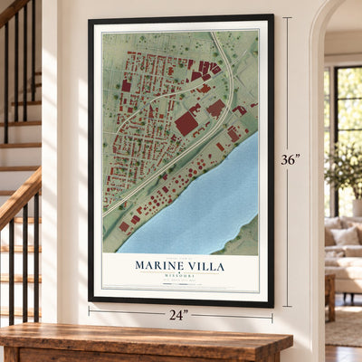 Marine Villa, Missouri map, 24 x 36 inch print in a black frame by a staircase