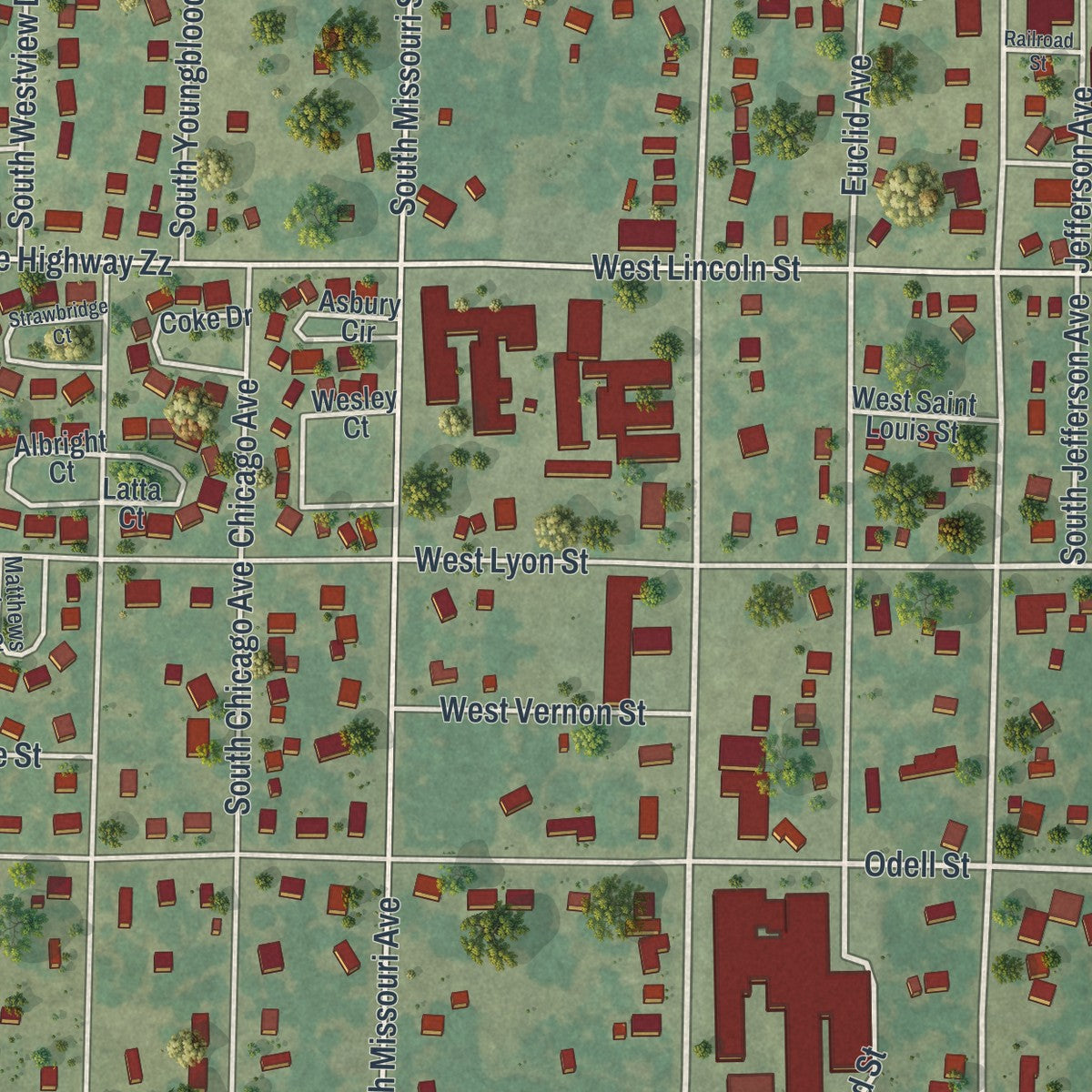 Close-up of the map of Marionville, Missouri print showing street and building detail