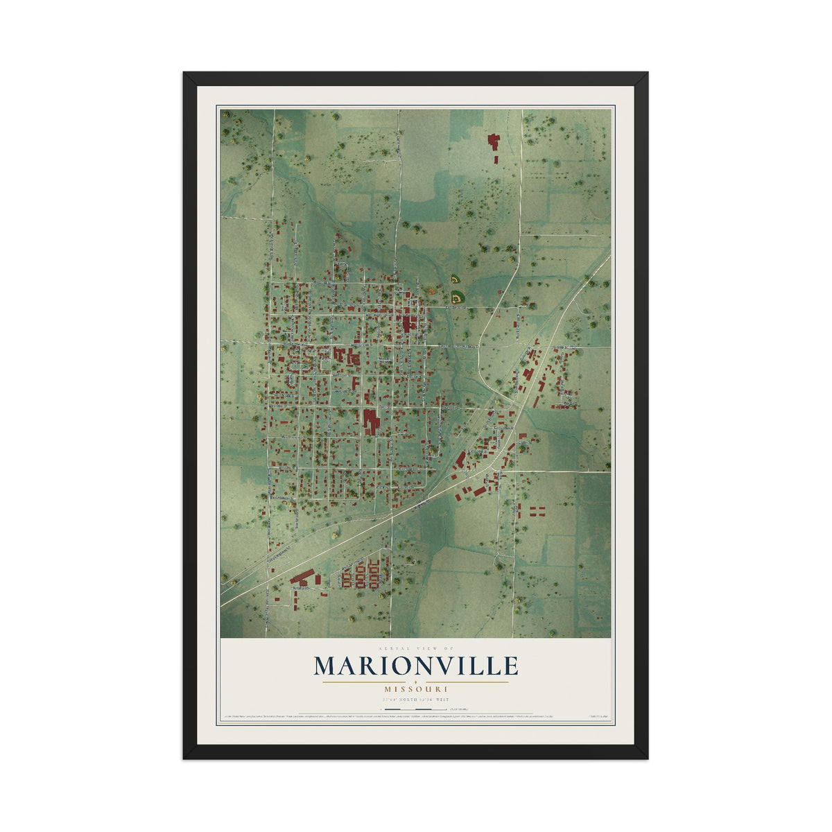 Map of Marionville, Missouri, 12 x 18 inch print in a black wood frame