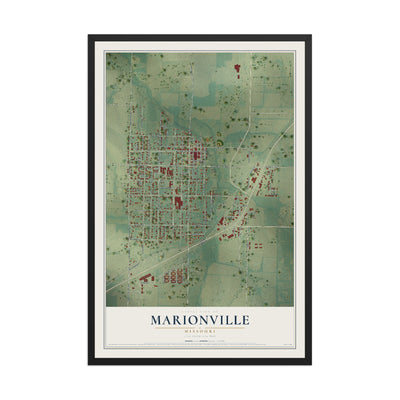 Map of Marionville, Missouri, 12 x 18 inch print in a black wood frame