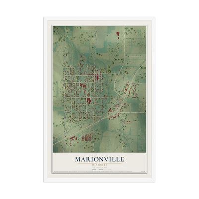 Map of Marionville, Missouri, 12 x 18 inch print in a white wood frame