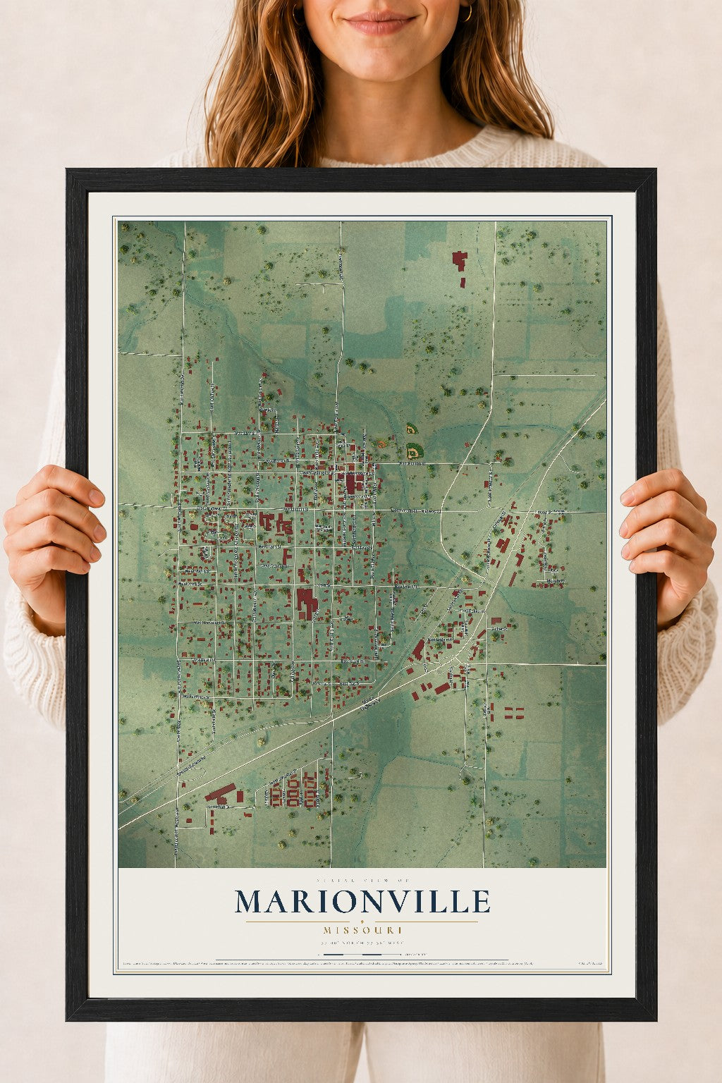 Map of Marionville, Missouri, 18 x 24 inch print in a black wood frame
