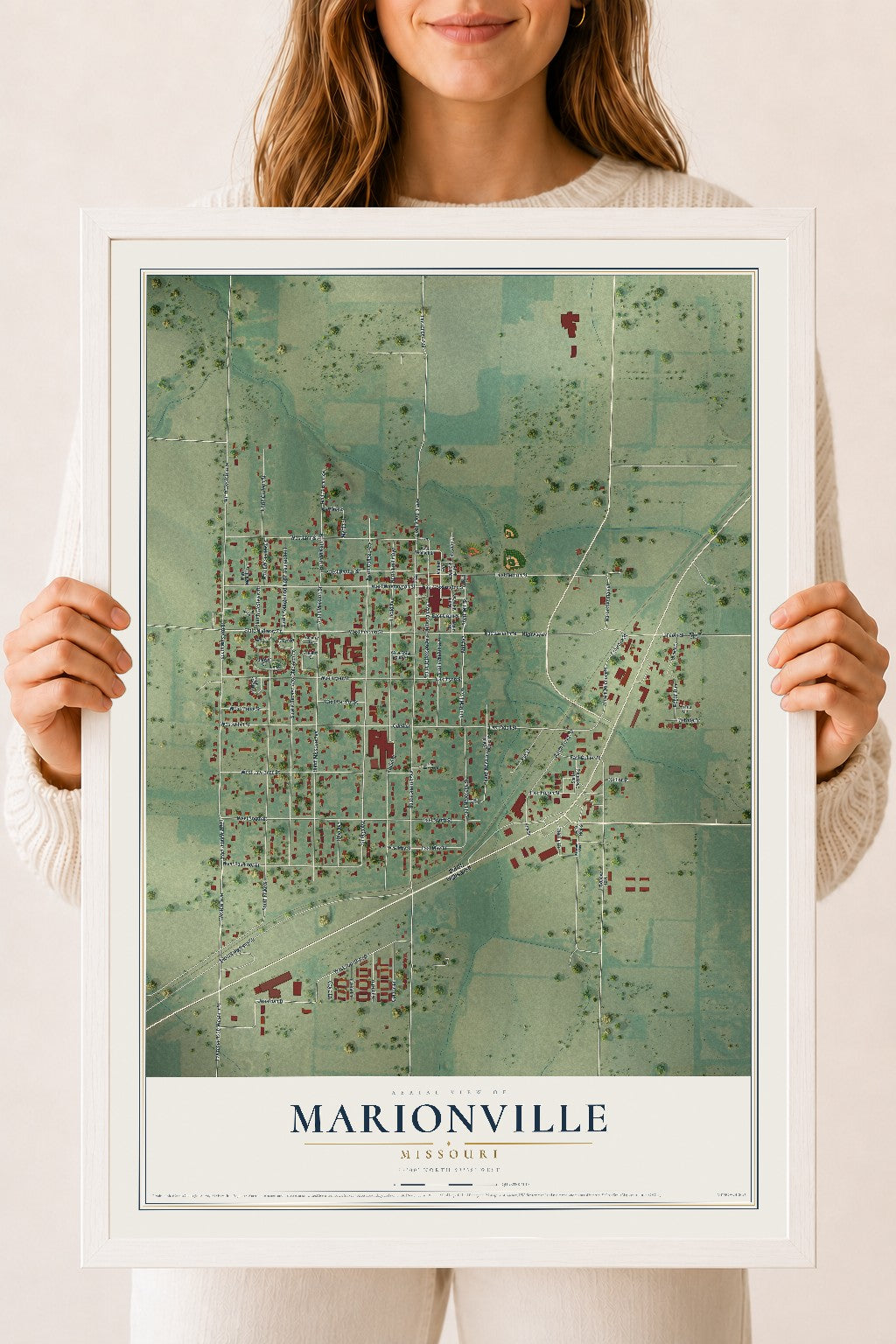 Map of Marionville, Missouri, 18 x 24 inch print in a white wood frame