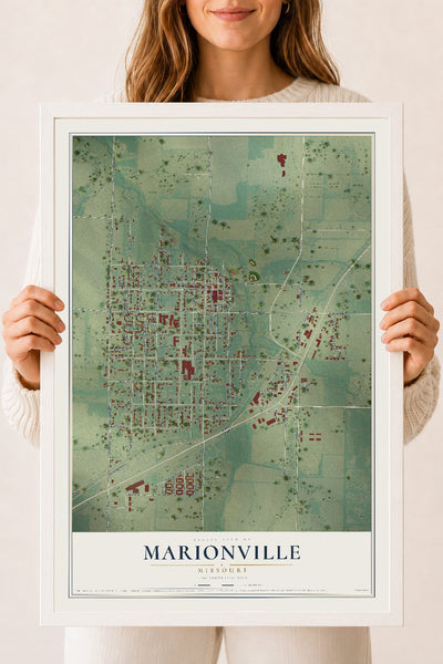Map of Marionville, Missouri, 18 x 24 inch print in a white wood frame