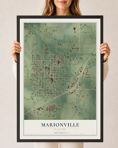Map of Marionville, Missouri, 24 x 36 inch print in a black wood frame