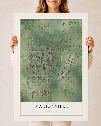 Map of Marionville, Missouri, 24 x 36 inch print in a white wood frame