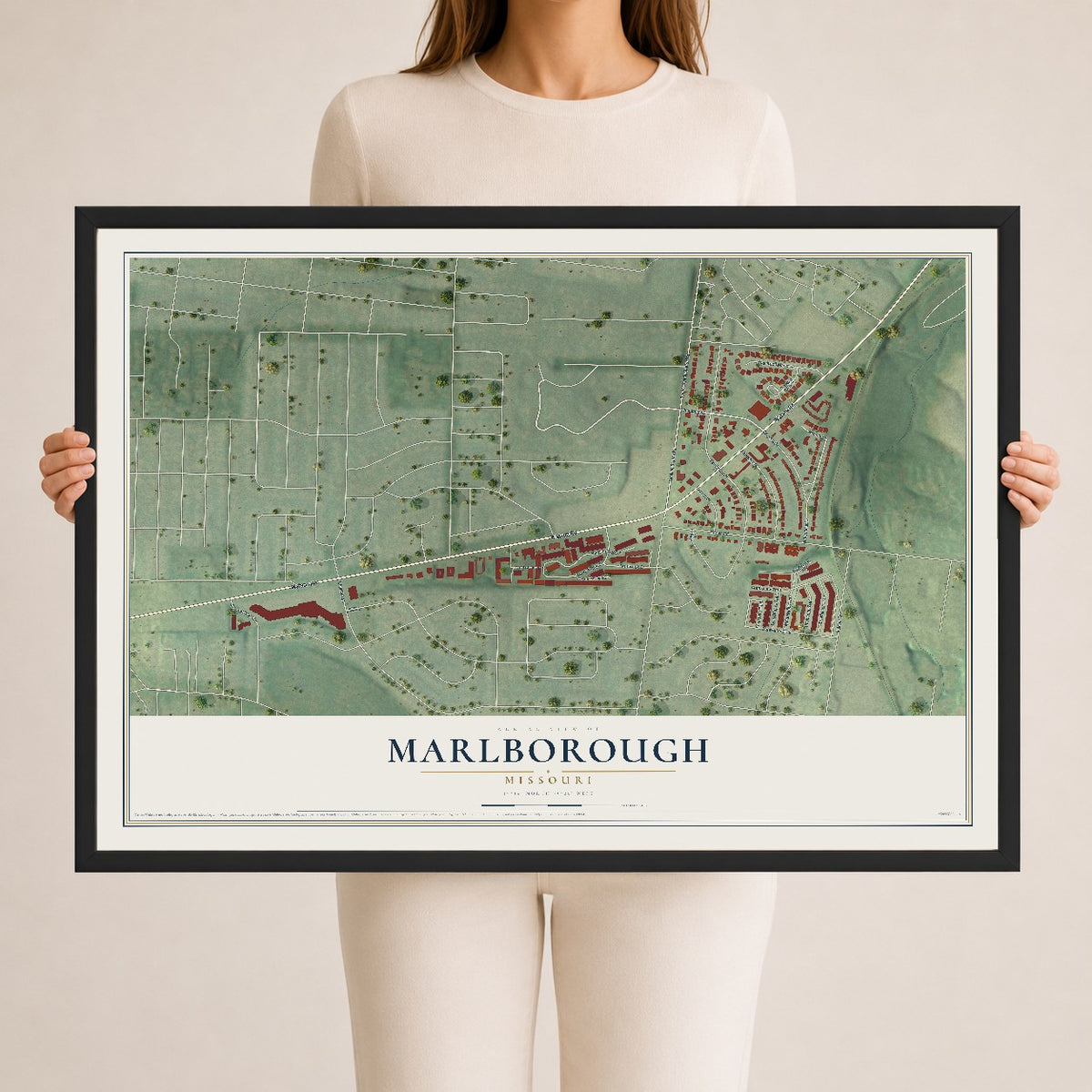 Map of Marlborough, Missouri, 24 x 36 inch print in a black wood frame