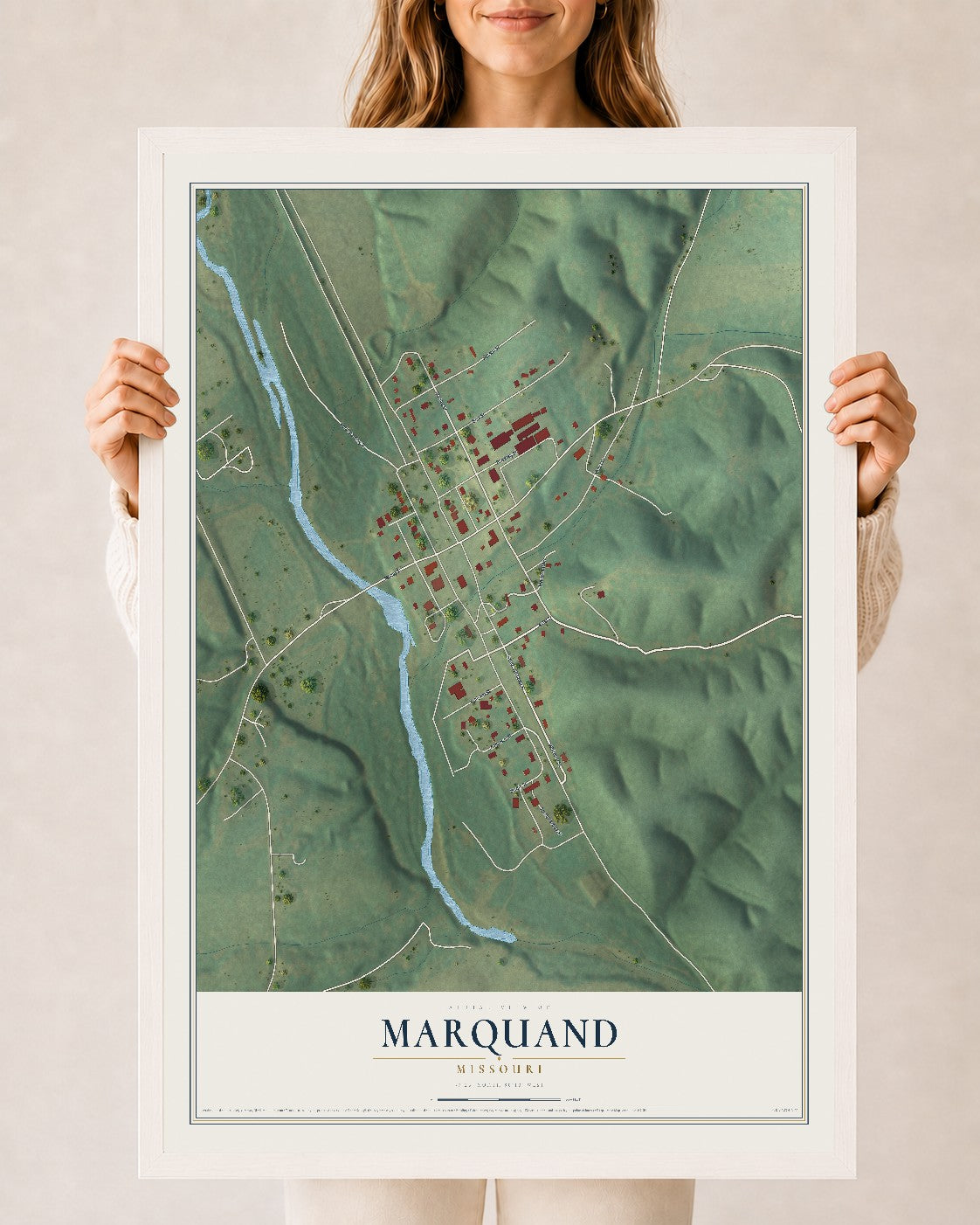 Map of Marquand, Missouri, 24 x 36 inch print in a white wood frame
