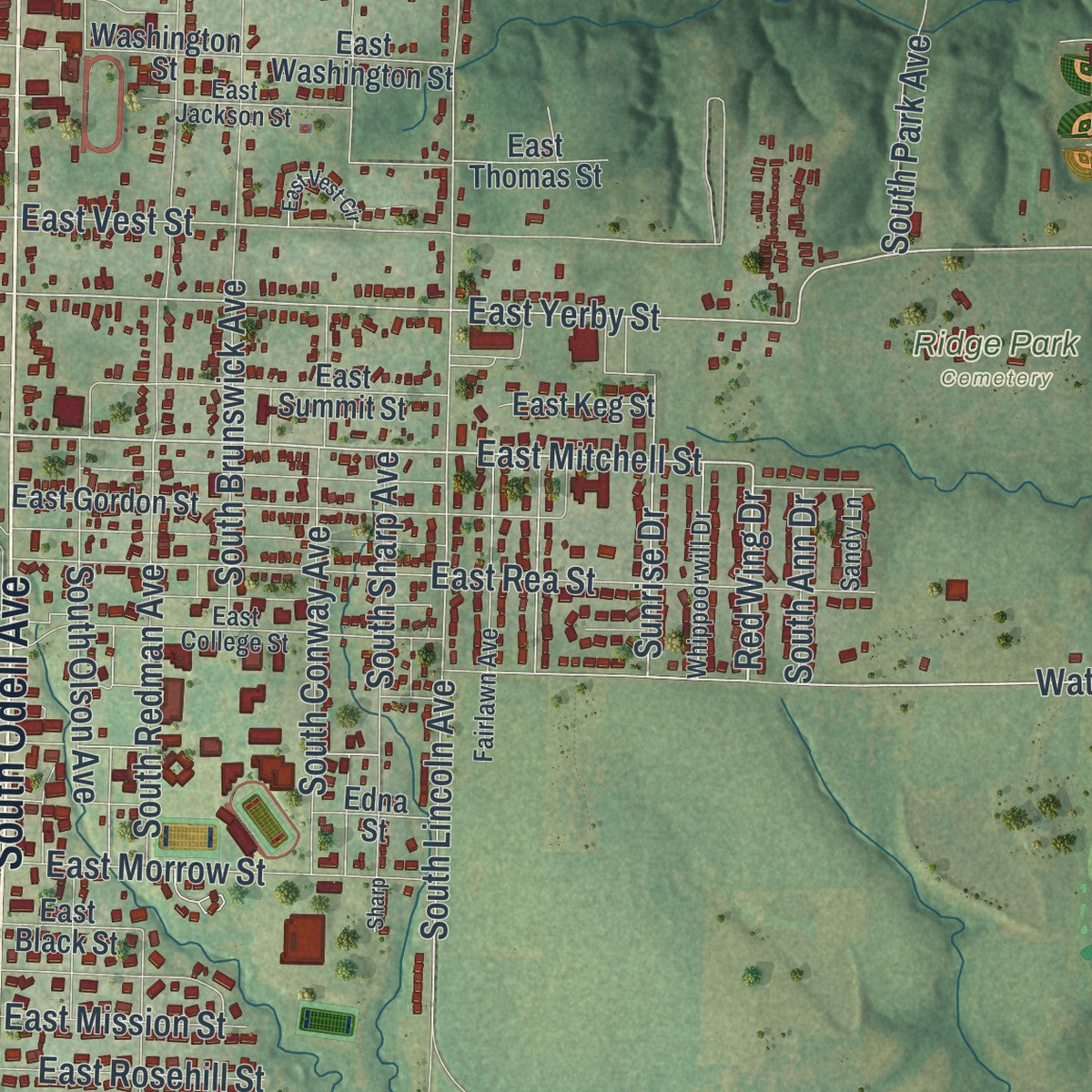 Second close-up of the map of Marshall, Missouri print showing more streets and buildings
