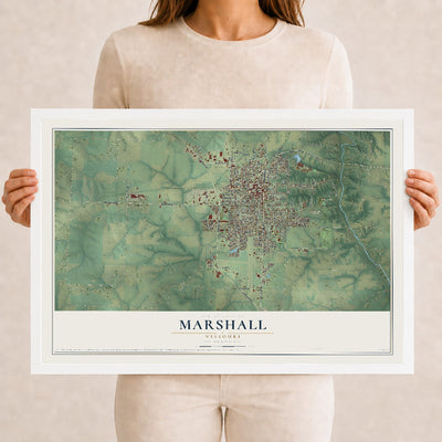 Map of Marshall, Missouri, 12 x 18 inch print in a white wood frame