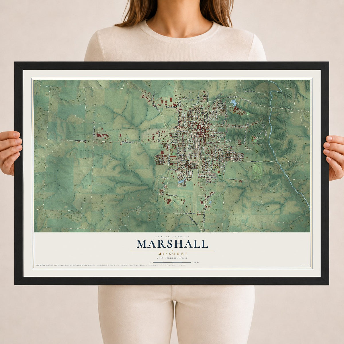 Map of Marshall, Missouri, 18 x 24 inch print in a black wood frame