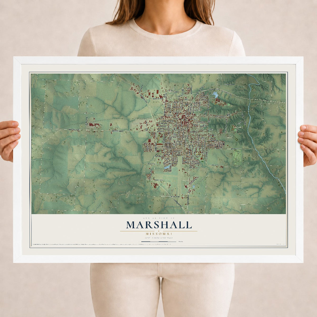 Map of Marshall, Missouri, 18 x 24 inch print in a white wood frame