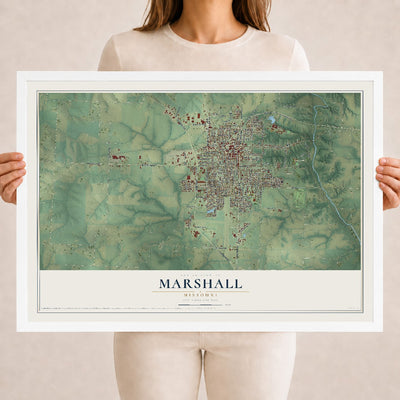 Map of Marshall, Missouri, 18 x 24 inch print in a white wood frame