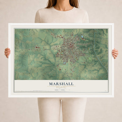 Map of Marshall, Missouri, 24 x 36 inch print in a white wood frame