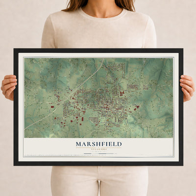 Map of Marshfield, Missouri, 12 x 18 inch print in a black wood frame