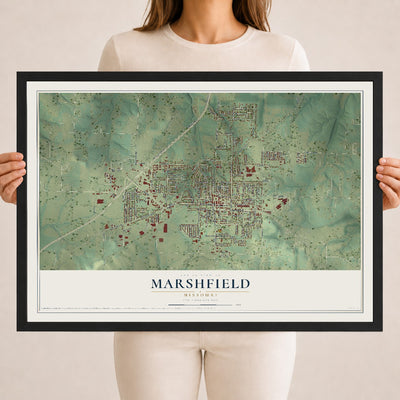 Map of Marshfield, Missouri, 18 x 24 inch print in a black wood frame