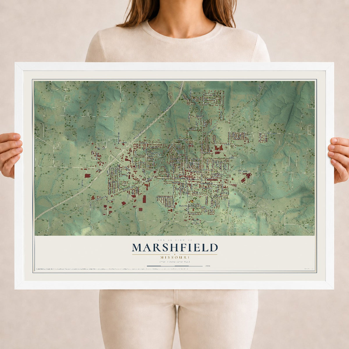 Map of Marshfield, Missouri, 18 x 24 inch print in a white wood frame