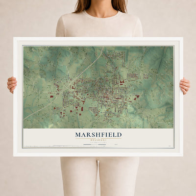 Map of Marshfield, Missouri, 24 x 36 inch print in a white wood frame