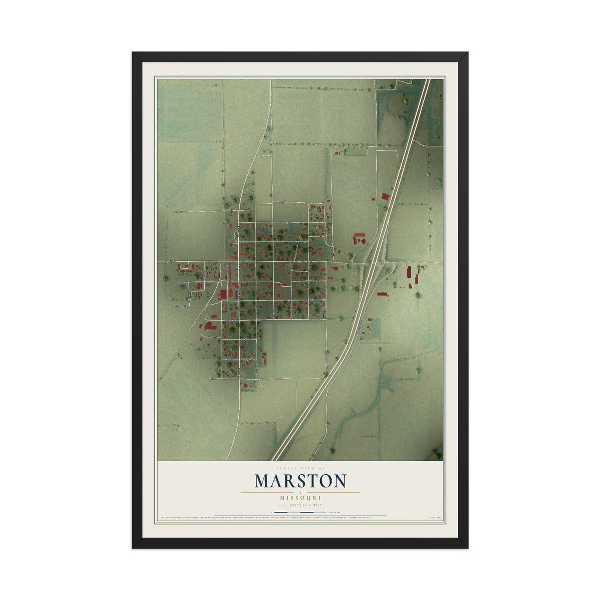 Map of Marston, Missouri, 12 x 18 inch print in a black wood frame
