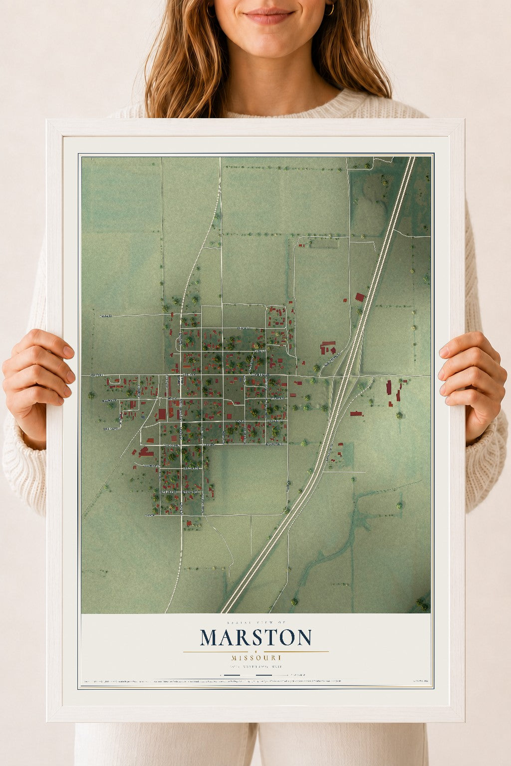 Map of Marston, Missouri, 18 x 24 inch print in a white wood frame