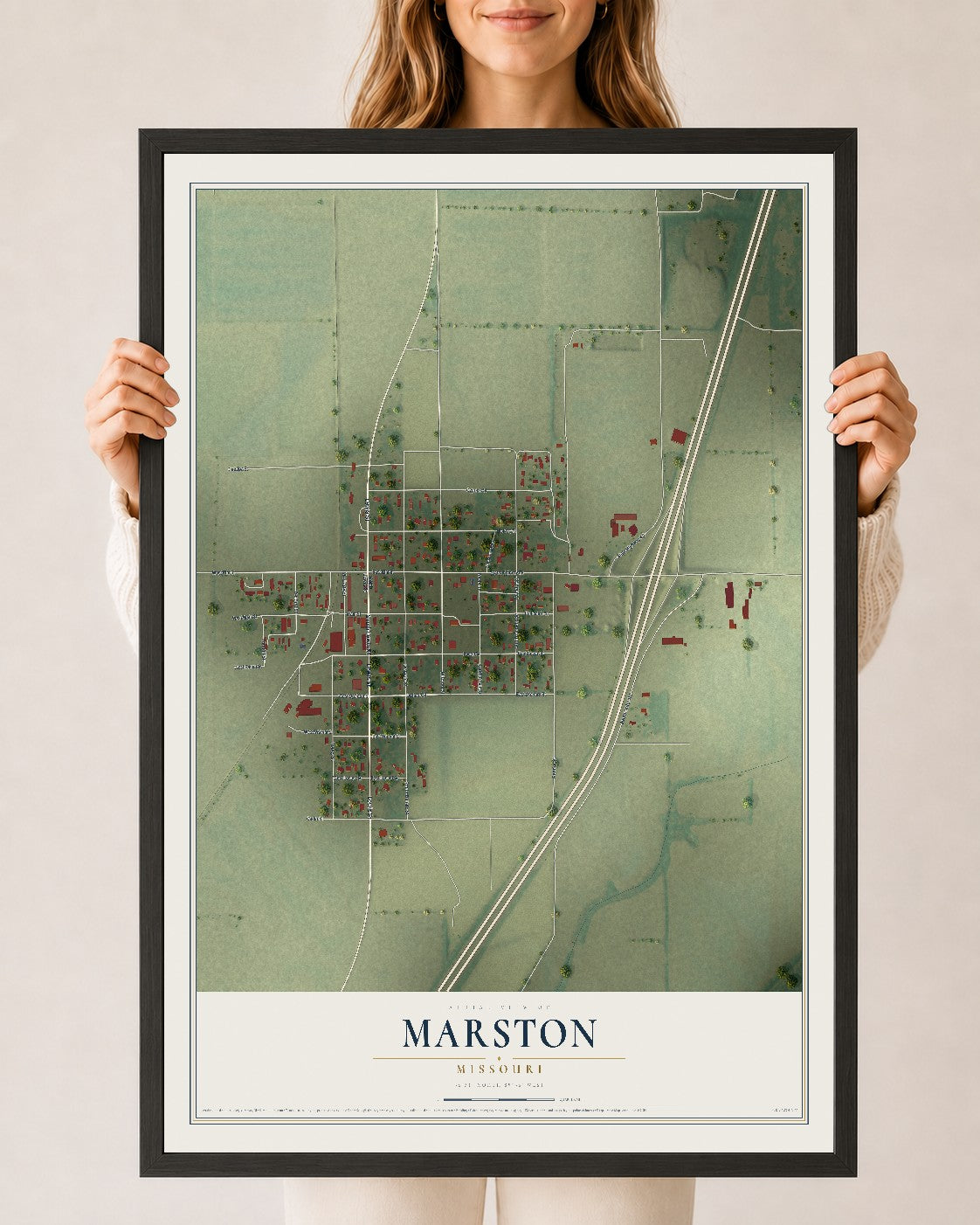 Map of Marston, Missouri, 24 x 36 inch print in a black wood frame