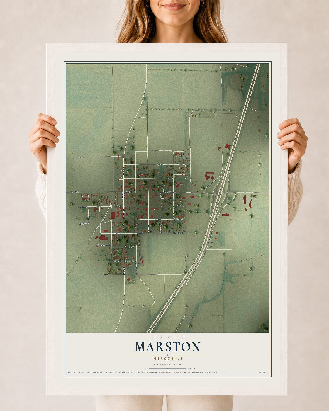 Map of Marston, Missouri, 24 x 36 inch print in a white wood frame