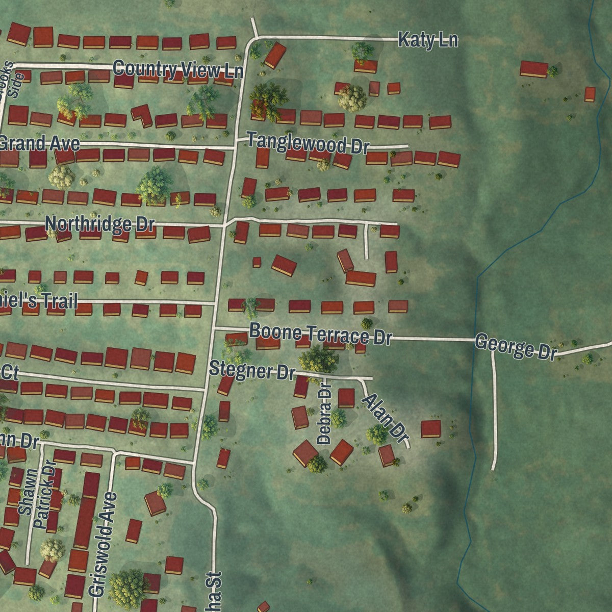 Close-up of the map of Marthasville, Missouri print showing street and building detail