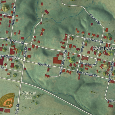 Second close-up of the map of Marthasville, Missouri print showing more streets and buildings