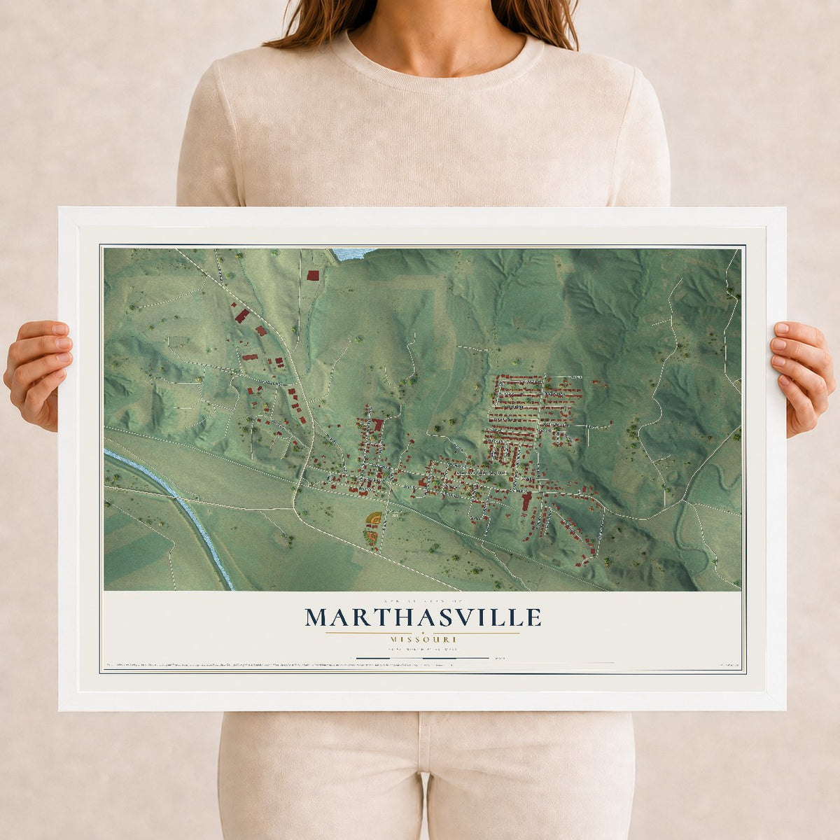 Map of Marthasville, Missouri, 12 x 18 inch print in a white wood frame