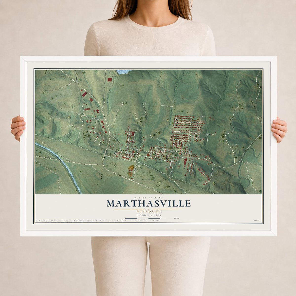 Map of Marthasville, Missouri, 24 x 36 inch print in a white wood frame