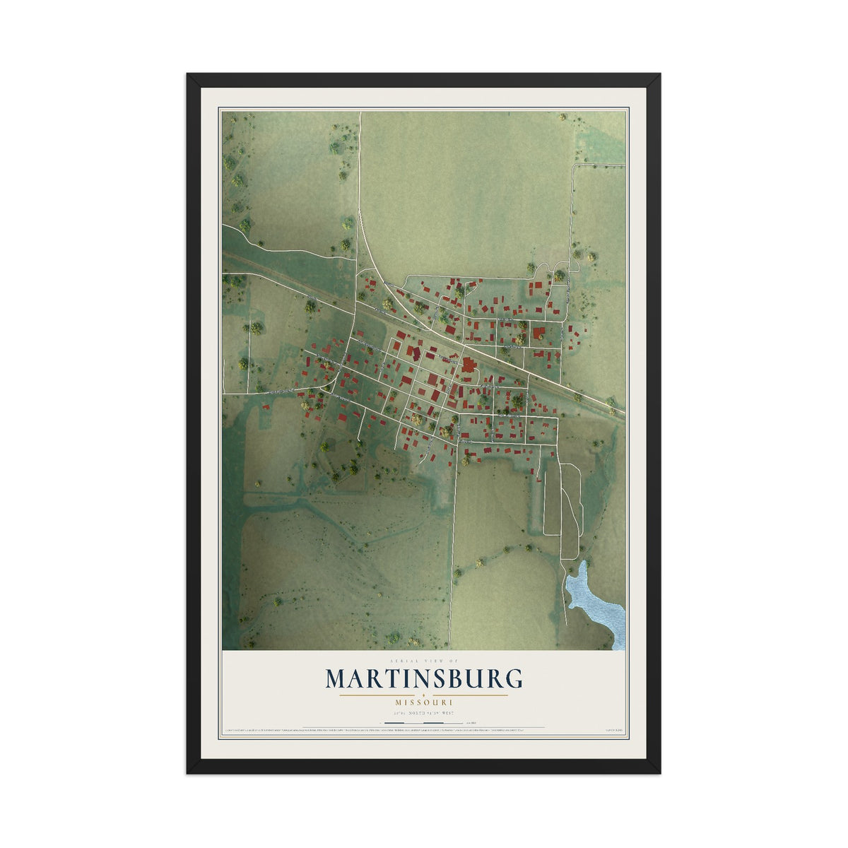Map of Martinsburg, Missouri, 12 x 18 inch print in a black wood frame