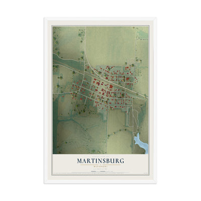 Map of Martinsburg, Missouri, 12 x 18 inch print in a white wood frame