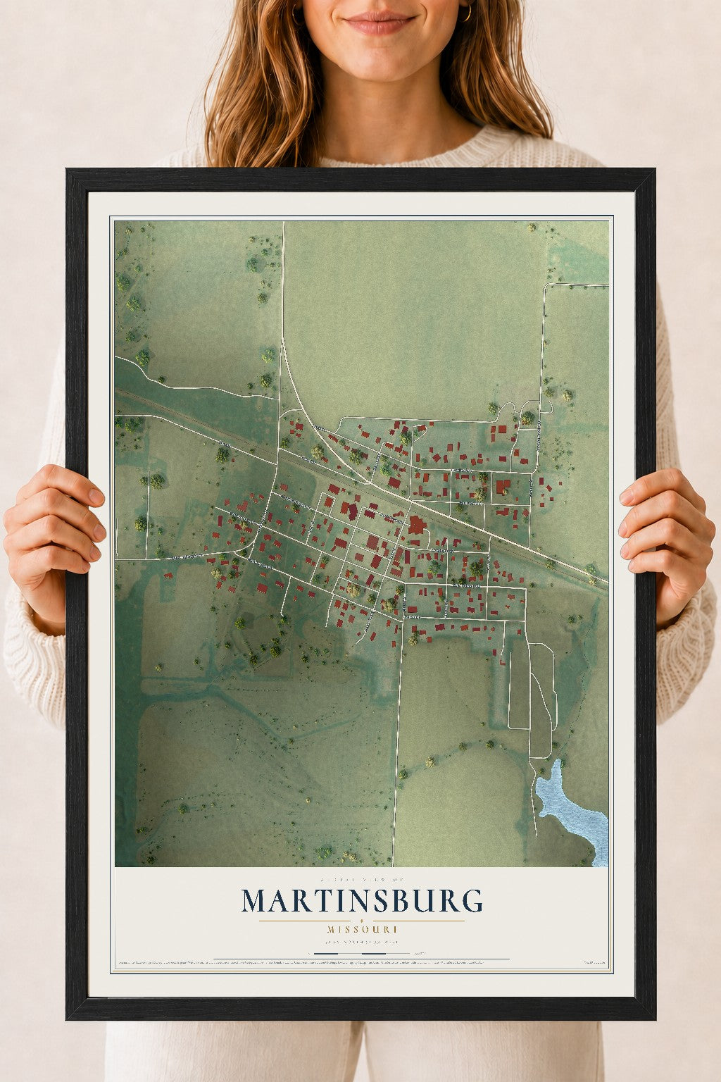 Map of Martinsburg, Missouri, 18 x 24 inch print in a black wood frame
