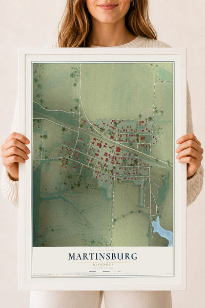 Map of Martinsburg, Missouri, 18 x 24 inch print in a white wood frame