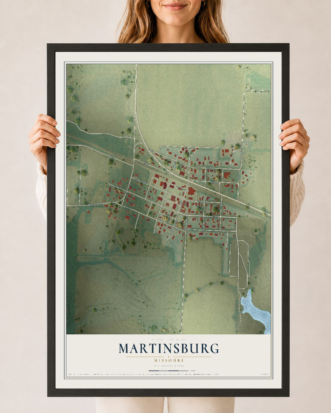 Map of Martinsburg, Missouri, 24 x 36 inch print in a black wood frame