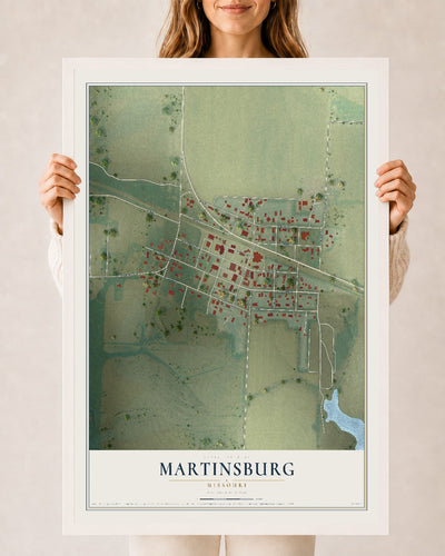 Map of Martinsburg, Missouri, 24 x 36 inch print in a white wood frame
