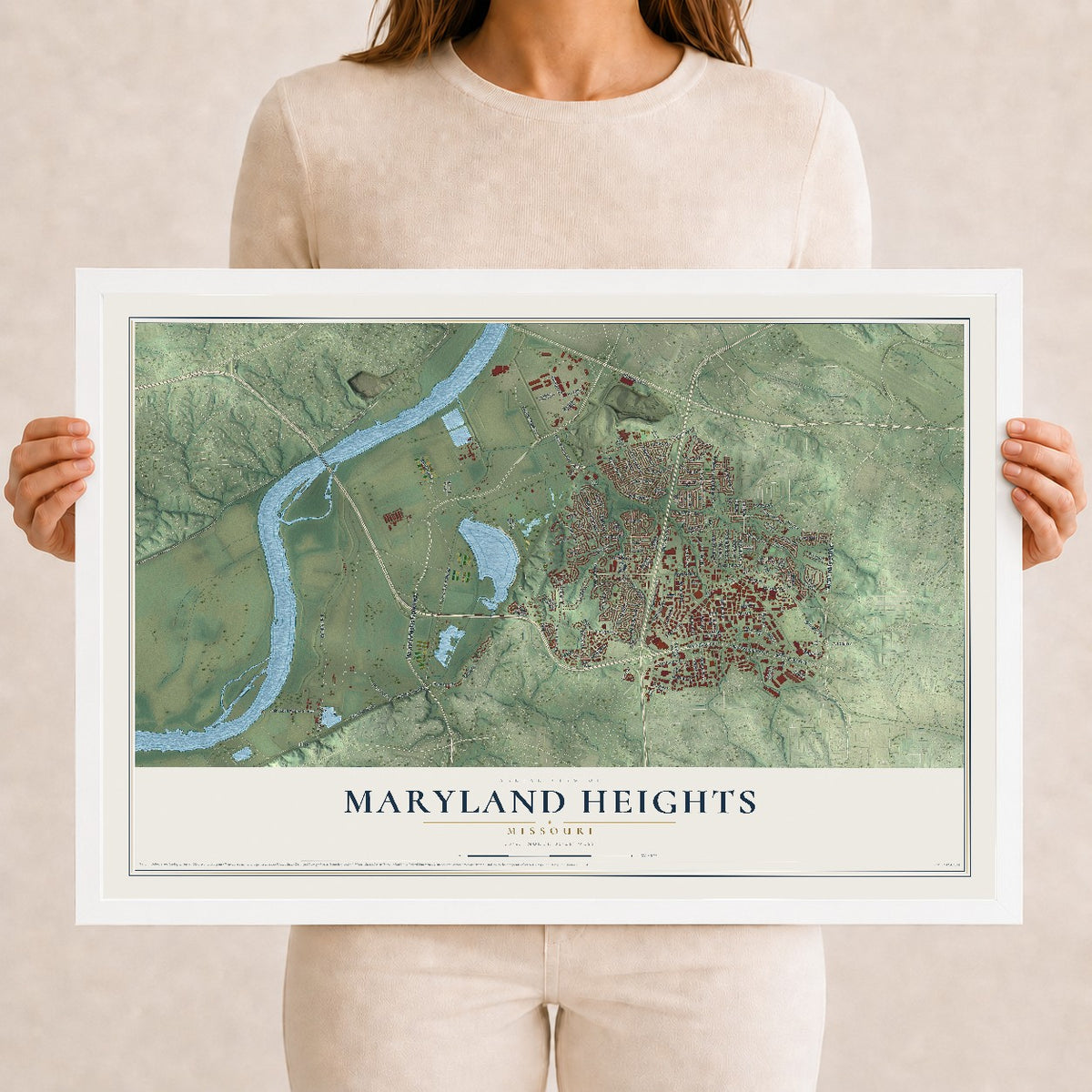 Map of Maryland Heights, Missouri, 12 x 18 inch print in a white wood frame