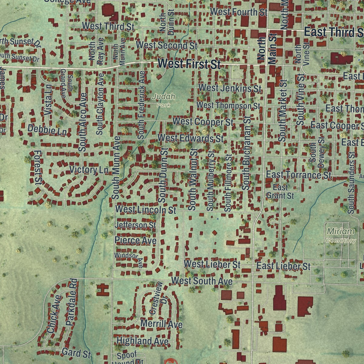 Close-up of the map of Maryville, Missouri print showing street and building detail
