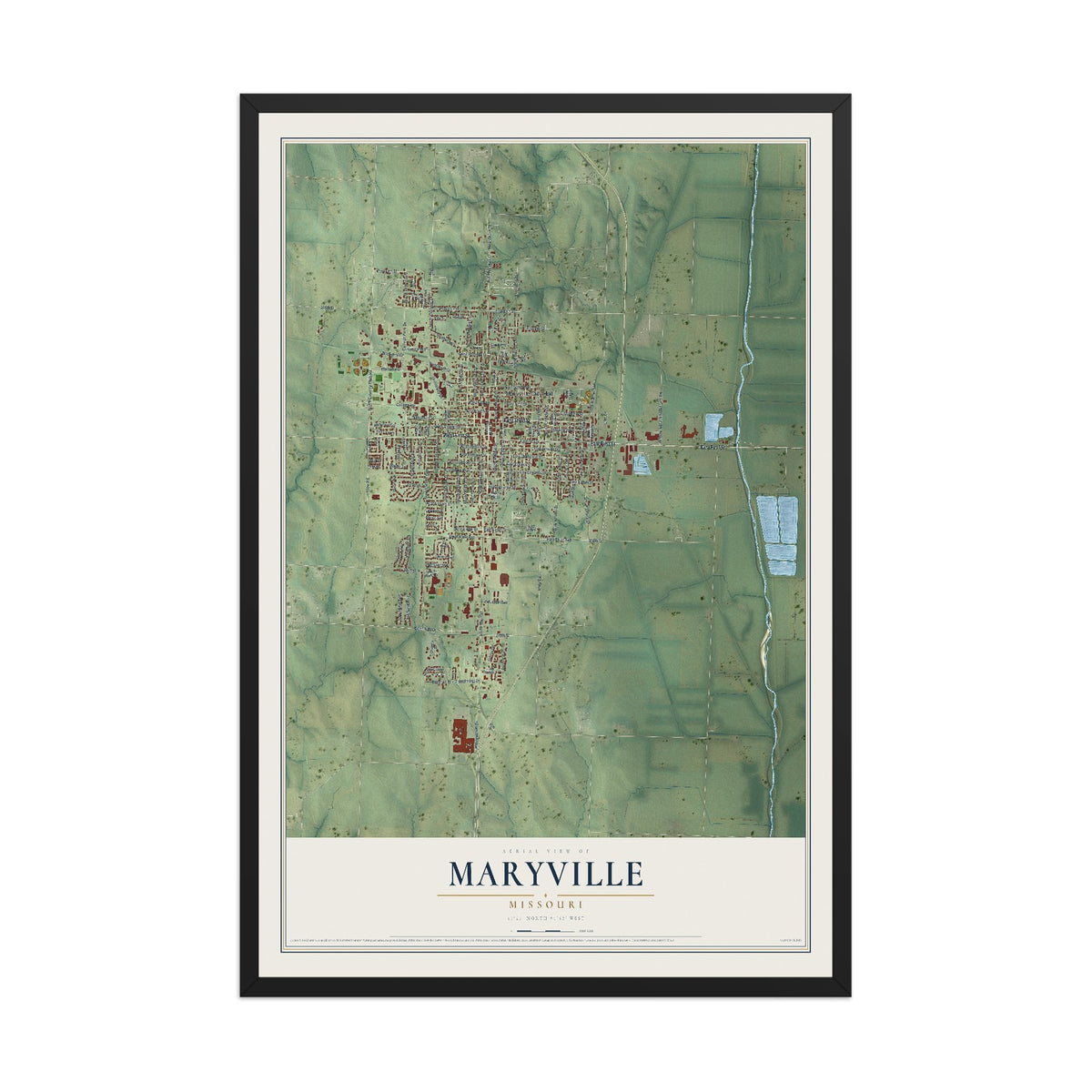 Map of Maryville, Missouri, 12 x 18 inch print in a black wood frame