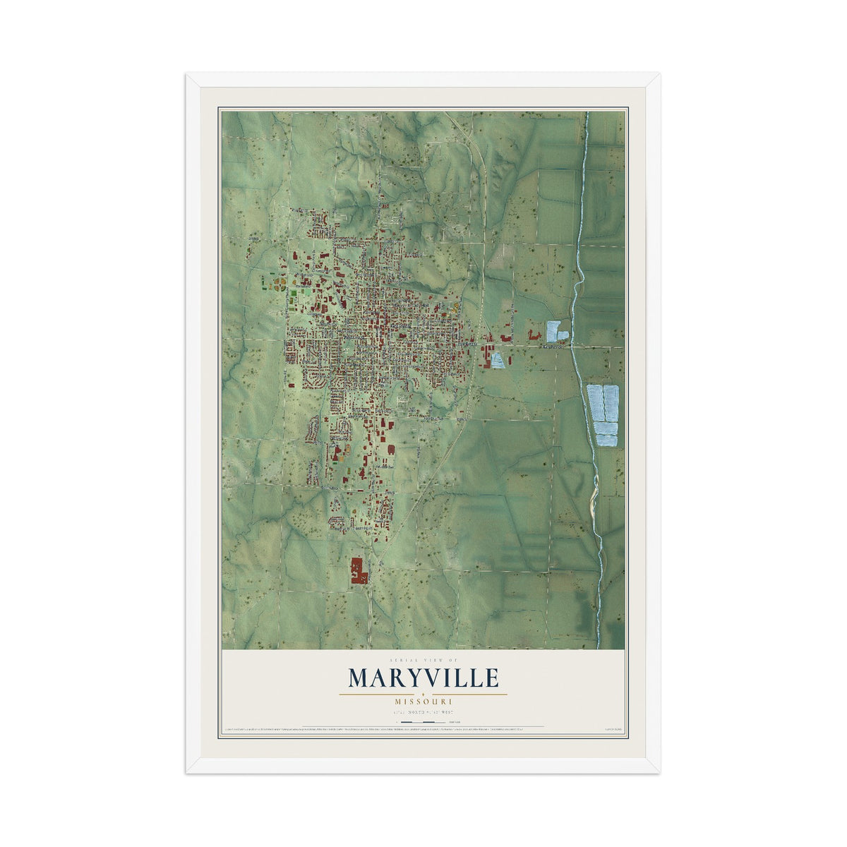 Map of Maryville, Missouri, 12 x 18 inch print in a white wood frame