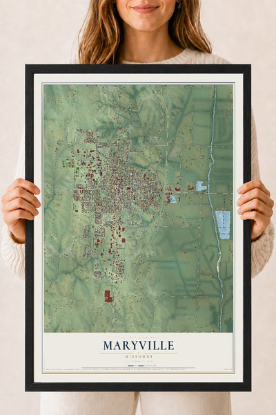 Map of Maryville, Missouri, 18 x 24 inch print in a black wood frame
