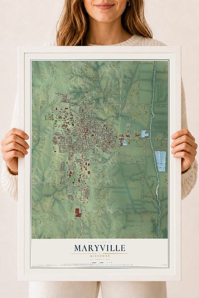 Map of Maryville, Missouri, 18 x 24 inch print in a white wood frame